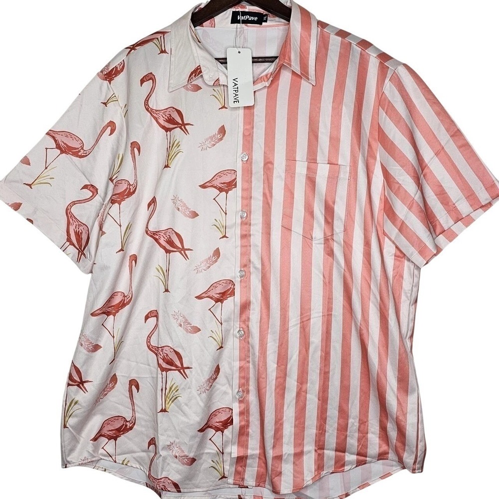 VatPave Mens XL Pink White Flamingo Striped Split Panel Short Sleeve Shirt NWT